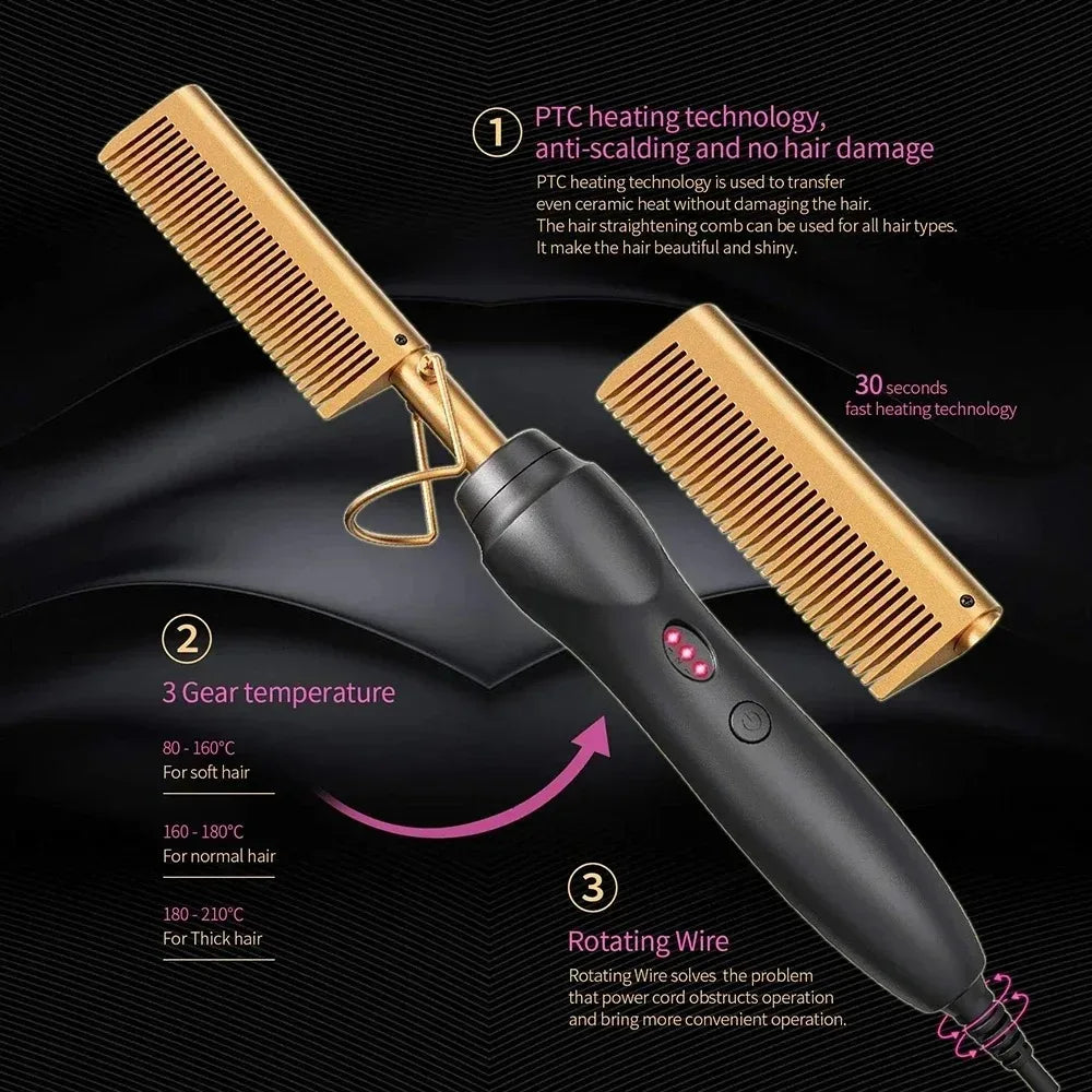 Ceramic Heating Hair Straightener Comb Ceramic Coating with 3 Heat Levels & Anti-Frizz for Natural Hair Beard Wigs and Curling