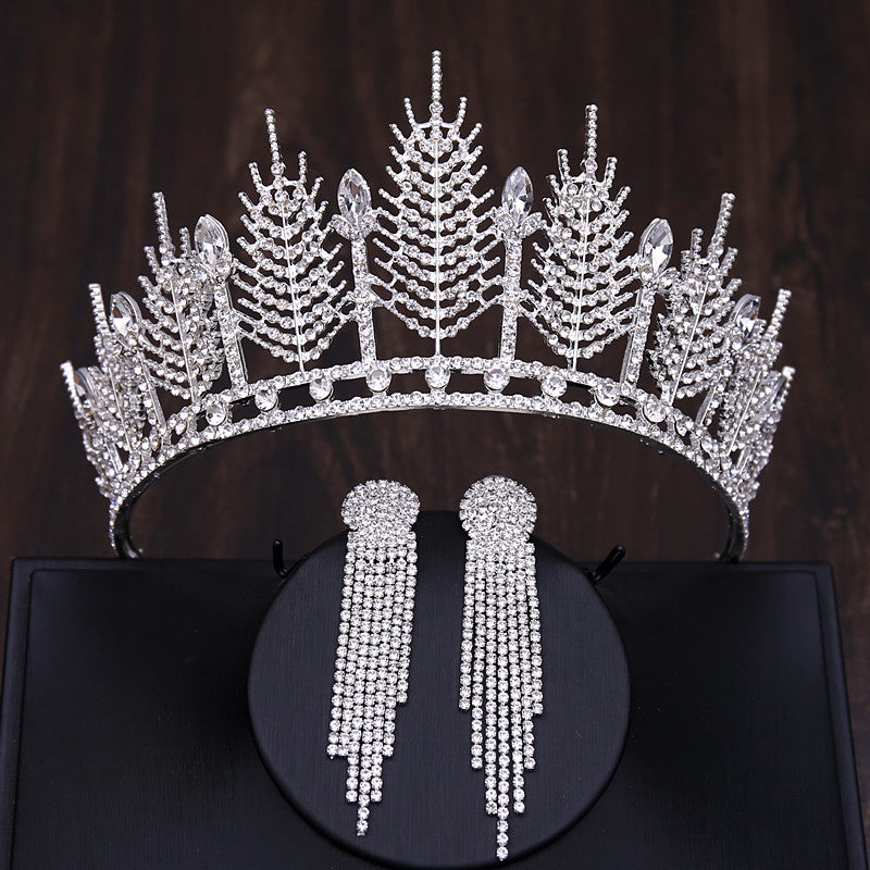 Baroque Luxury Silver Color Crystal Bridal Tiaras Crown With Earrings