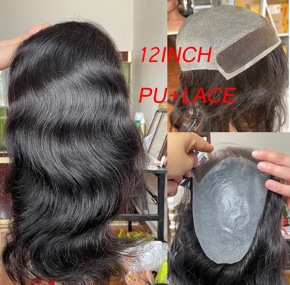 12" Long Toupee For Men 100% Virgin Human Hair Replacement System for Men 10"x8" Base Size Swiss Lace Front With PU Toupee Hair