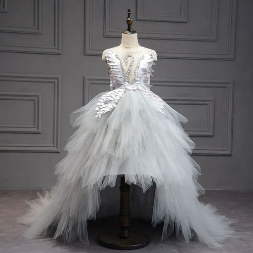 Elegant Swan Crystal Tulle Trailing Flower Girl Dress Evening Gown