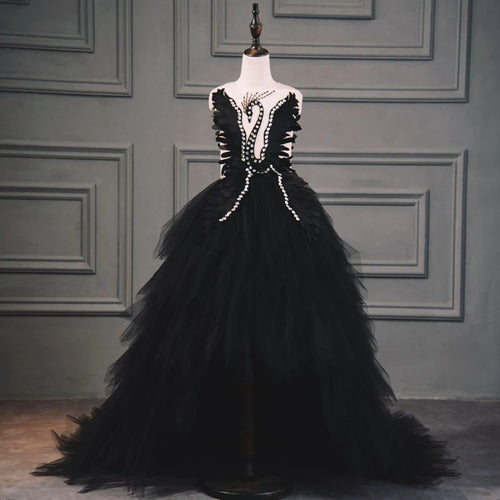 Elegant Swan Crystal Tulle Trailing Flower Girl Dress Evening Gown