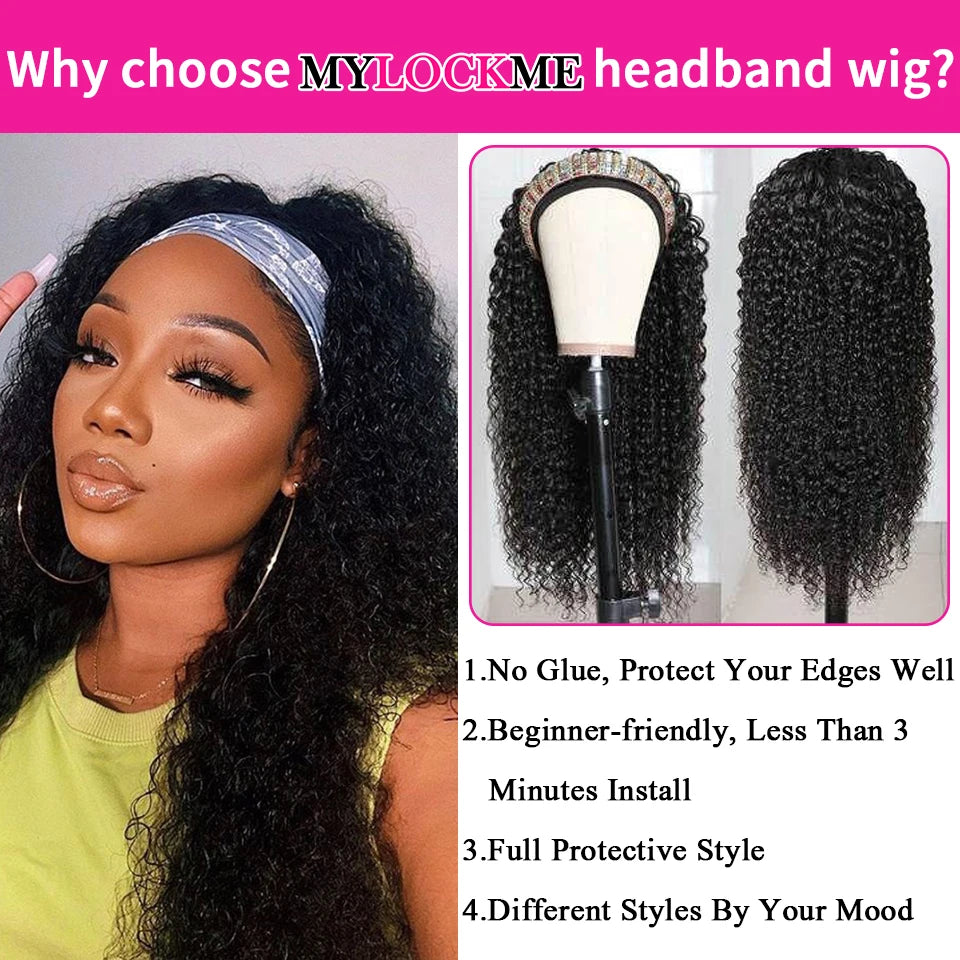 Headband Wig Human Hair Kinky Curly MYLOCKME No Glue Full Machine Made