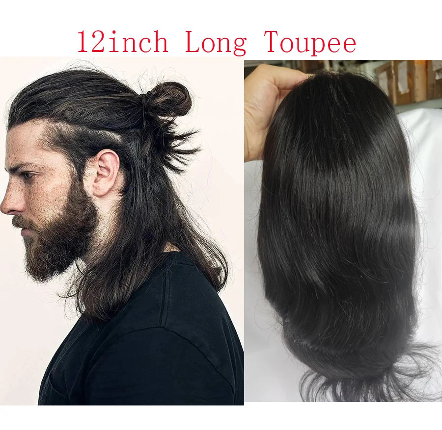 12" Long Toupee For Men 100% Virgin Human Hair Replacement System for Men 10"x8" Base Size Swiss Lace Front With PU Toupee Hair