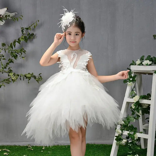 Elegant Swan Crystal Tulle Trailing Flower Girl Dress Evening Gown