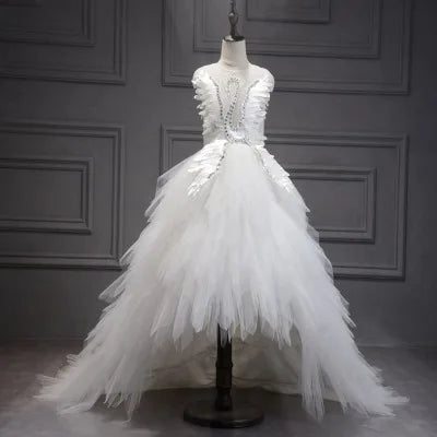 Elegant Swan Crystal Tulle Trailing Flower Girl Dress Evening Gown