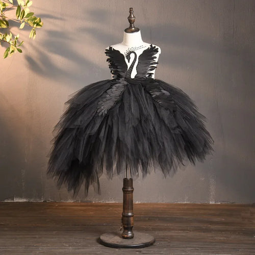 Elegant Swan Crystal Tulle Trailing Flower Girl Dress Evening Gown