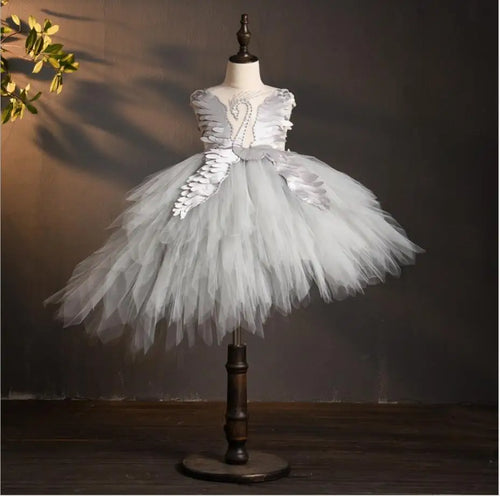 Elegant Swan Crystal Tulle Trailing Flower Girl Dress Evening Gown