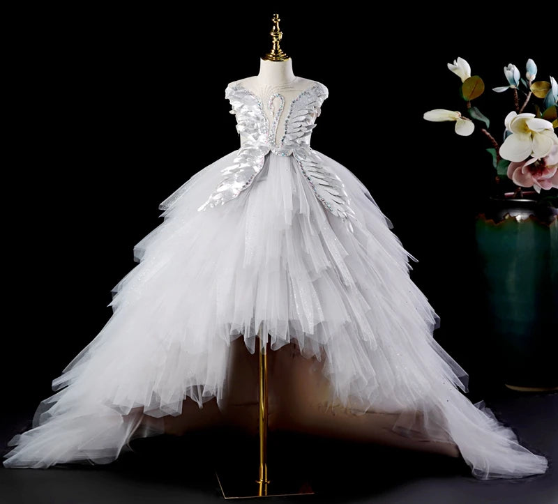 Elegant Swan Crystal Tulle Trailing Flower Girl Dress Evening Gown