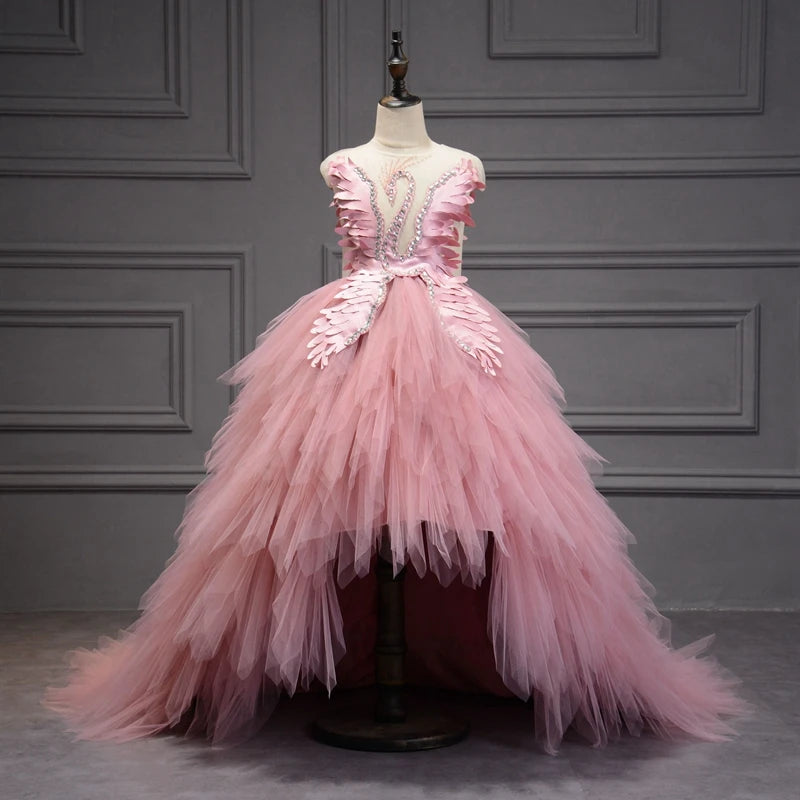 Elegant Swan Crystal Tulle Trailing Flower Girl Dress Evening Gown