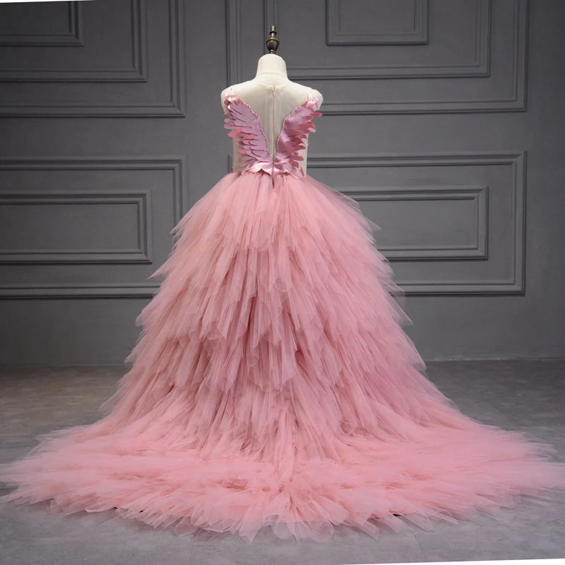 Elegant Swan Crystal Tulle Trailing Flower Girl Dress Evening Gown