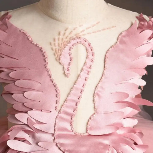 Elegant Swan Crystal Tulle Trailing Flower Girl Dress Evening Gown