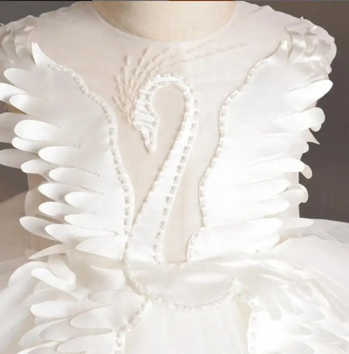 Elegant Swan Crystal Tulle Trailing Flower Girl Dress Evening Gown