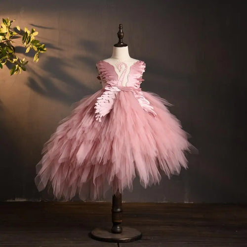Elegant Swan Crystal Tulle Trailing Flower Girl Dress Evening Gown