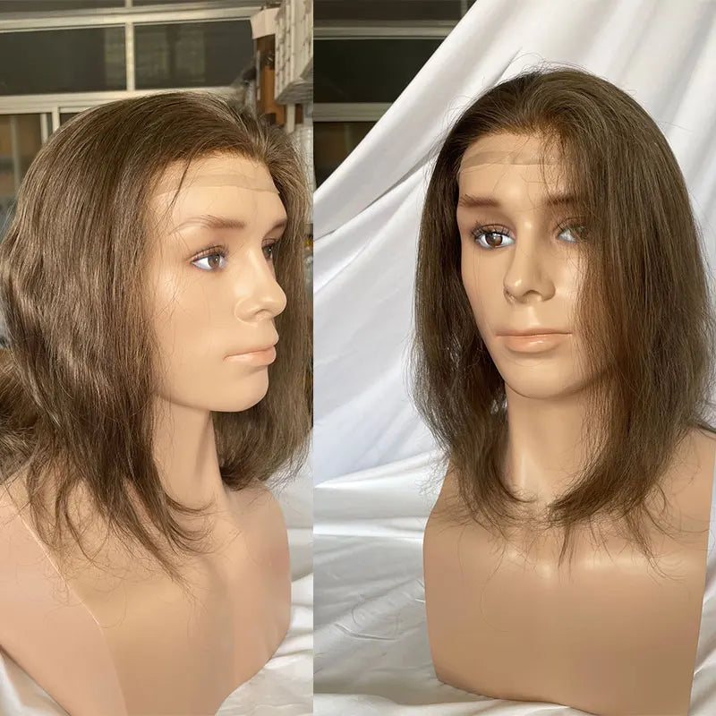 12" Long Toupee For Men 100% Virgin Human Hair Replacement System for Men 10"x8" Base Size Swiss Lace Front With PU Toupee Hair