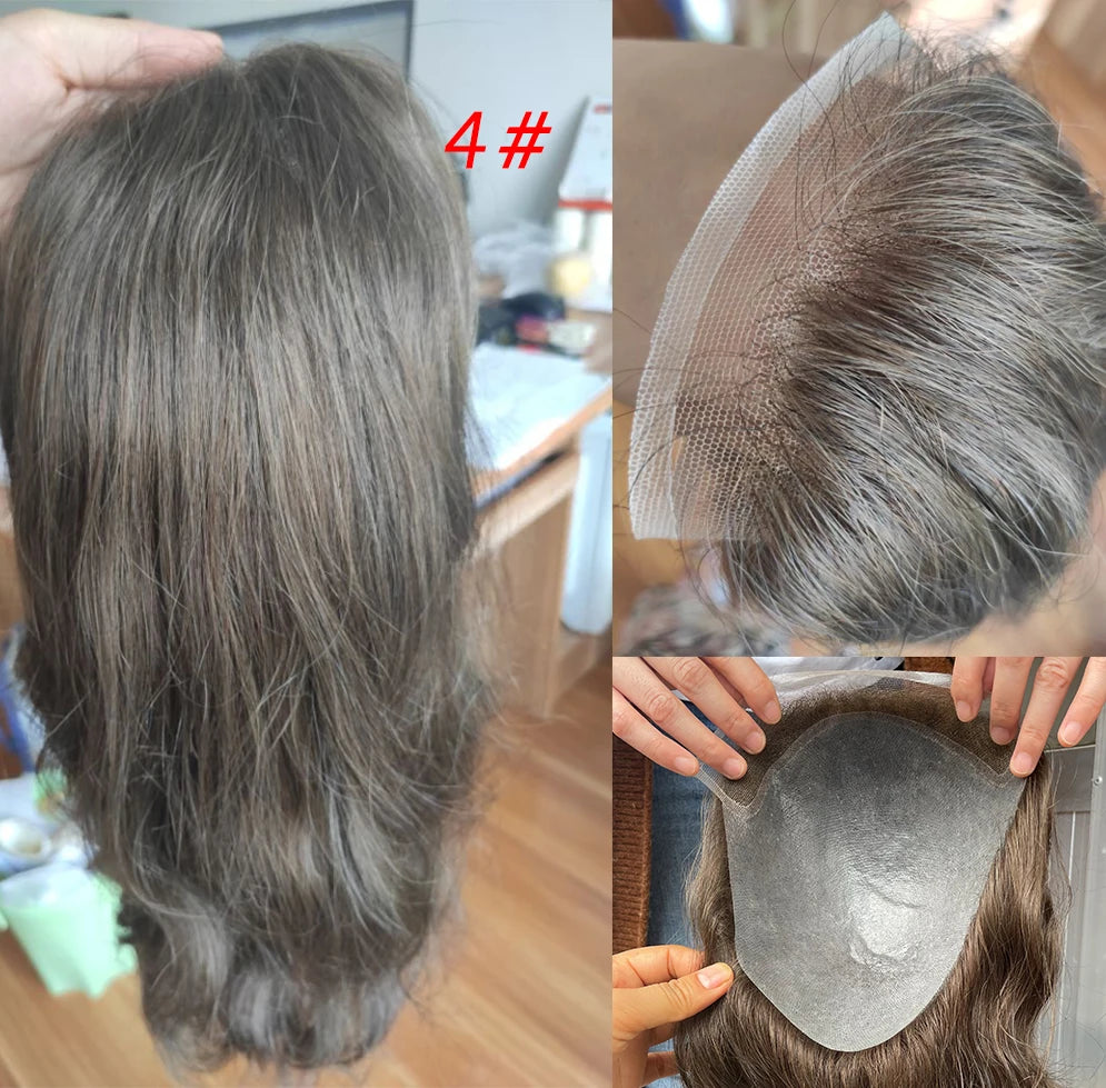 12" Long Toupee For Men 100% Virgin Human Hair Replacement System for Men 10"x8" Base Size Swiss Lace Front With PU Toupee Hair