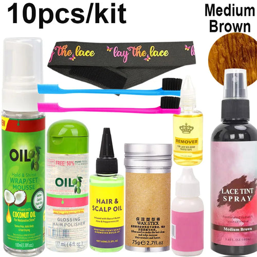 10Pcs Wig Wear Kit For Lace Front Wigs, Hair Mousse Lace Tint Spray