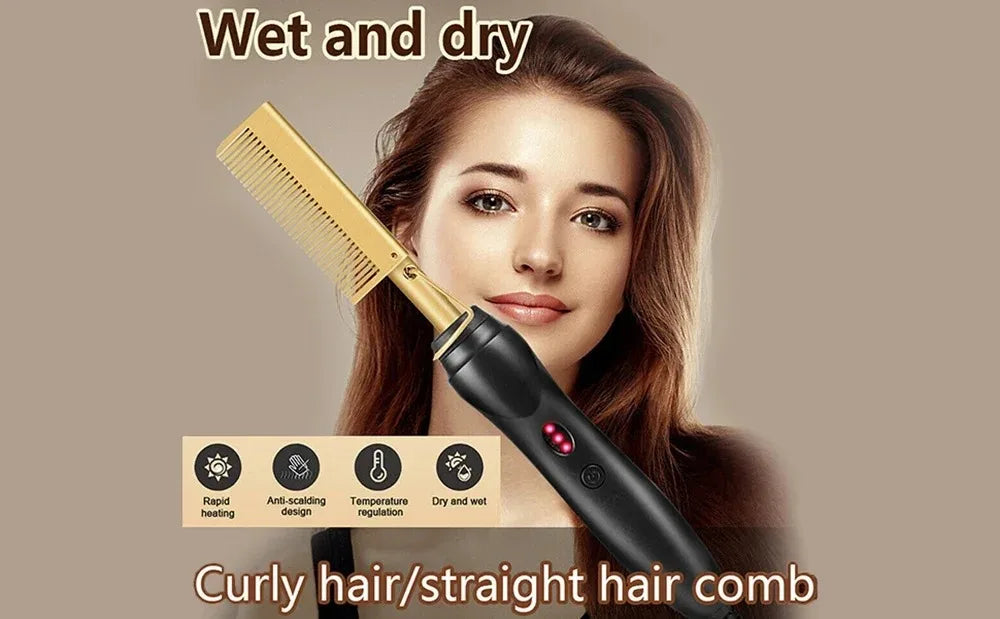 Ceramic Heating Hair Straightener Comb Ceramic Coating with 3 Heat Levels & Anti-Frizz for Natural Hair Beard Wigs and Curling