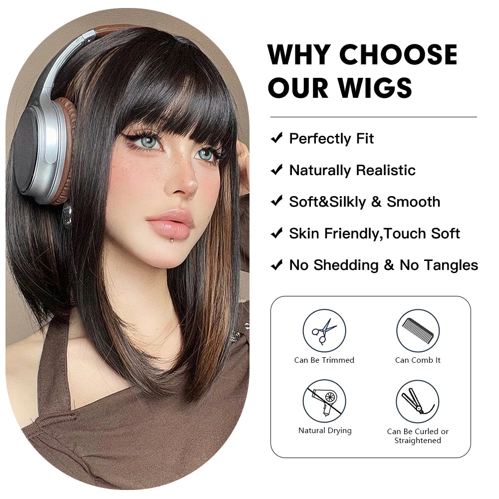 Short Straight Bob Wigs with Bangs Black Brwon Highlight Wig Daily