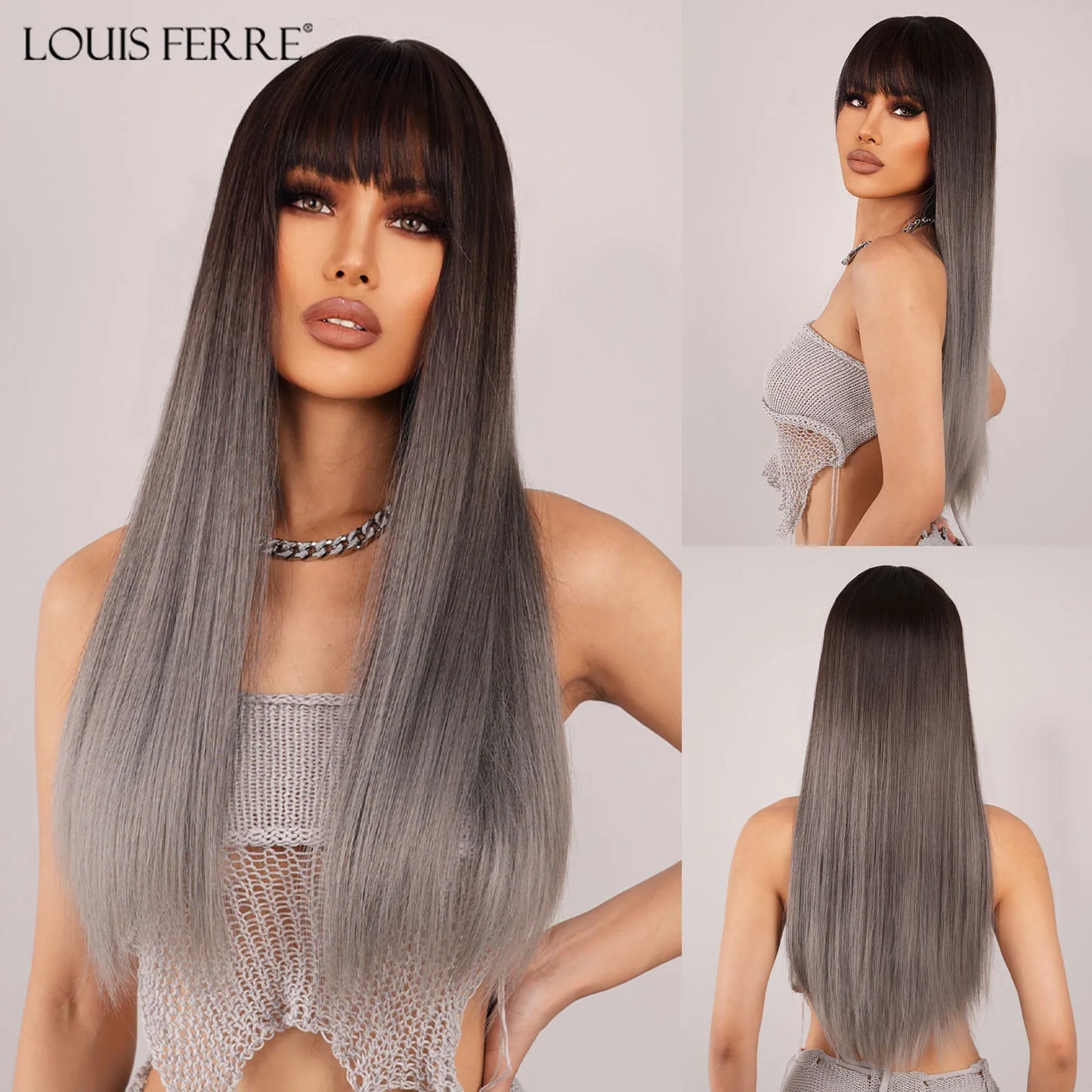 LOUIS FERRE Black Pink Ombre Synthetic Wigs for Cosplay Long Straight Layered Wigs with Bangs for Women Heat Resistant Fake Hair
