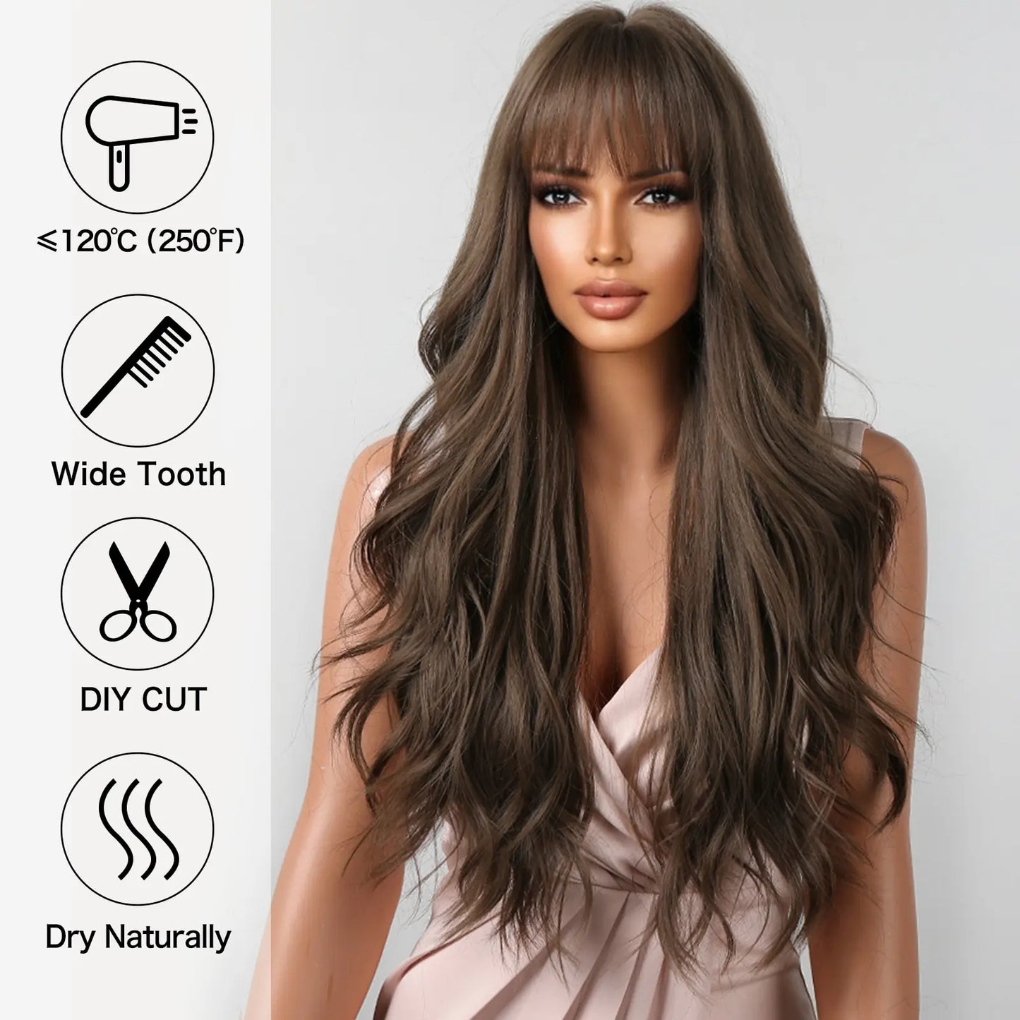 Brown Wavy Wigs for Women with Bangs Long Natural Synthetic Hair Wig