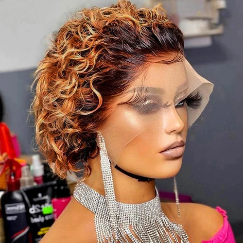 Pixie Cut Wig 99J Color Lace Wig Spring curl Short Bob Human Hair Wig