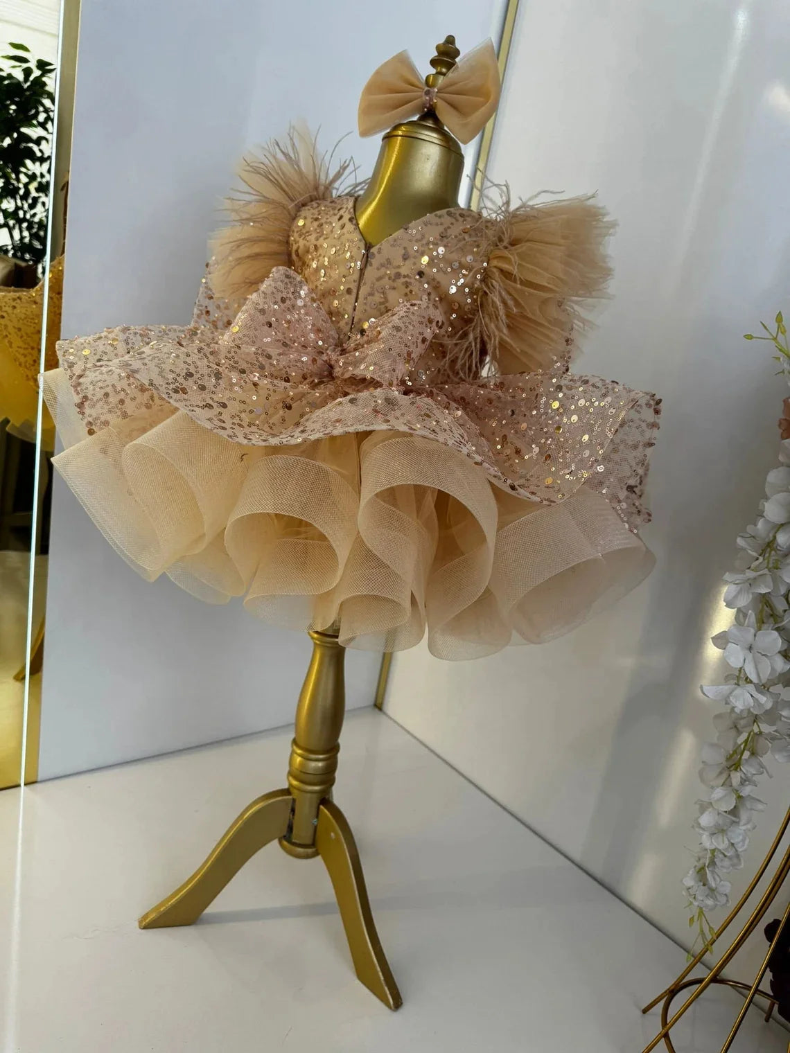 Glitter Champagne Short Baby Toddler Birthday Pageant Dresses Puffy