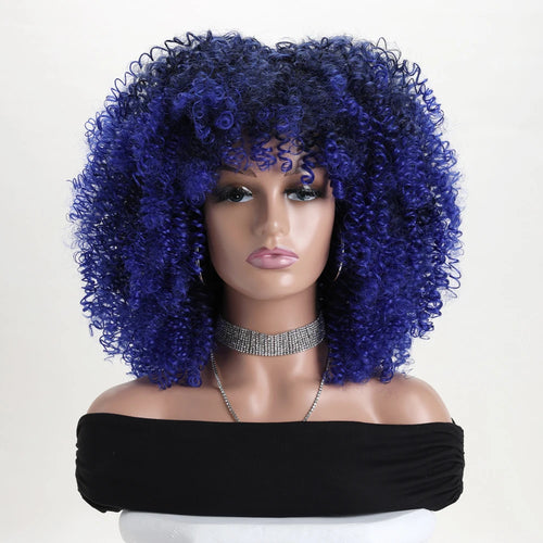 16 Inch Afro Kinky Curly Hair Wigs With Bangs Soft Fluffy Synthetic