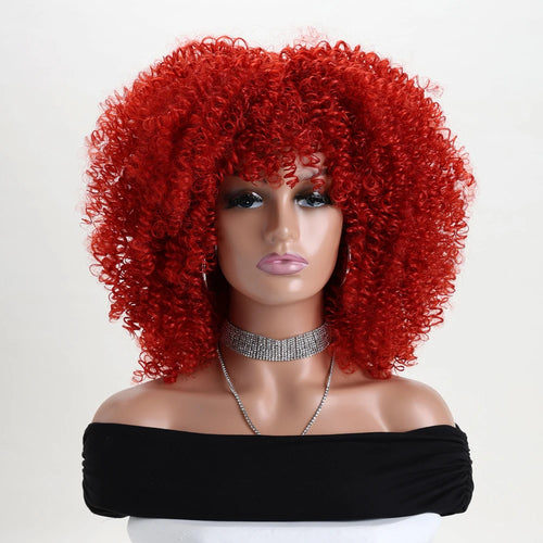 16 Inch Afro Kinky Curly Hair Wigs With Bangs Soft Fluffy Synthetic