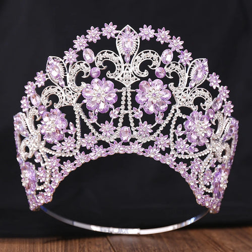 Baroque Round Blue Bridal Crown Pageant Miss Tiaras Flower Headdress