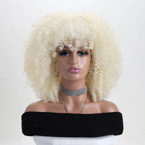 16 Inch Afro Kinky Curly Hair Wigs With Bangs Soft Fluffy Synthetic