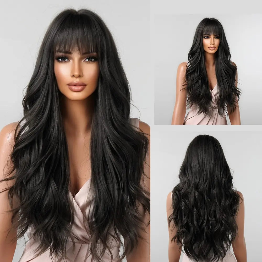 Brown Wavy Wigs for Women with Bangs Long Natural Synthetic Hair Wig
