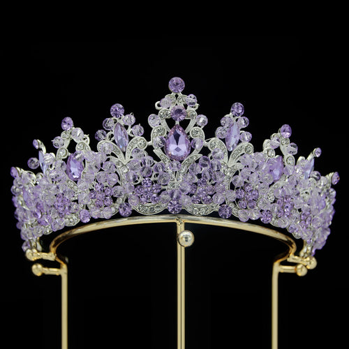 Luxury Royal Purple Crystal Beads Queen Bridal Tiaras Crown Rhinestone