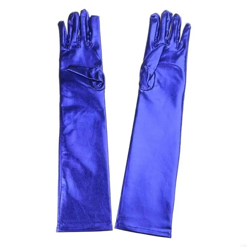 49MD Women Faux Leather Metallic Gloves Wetlook 17inch Elbow Length