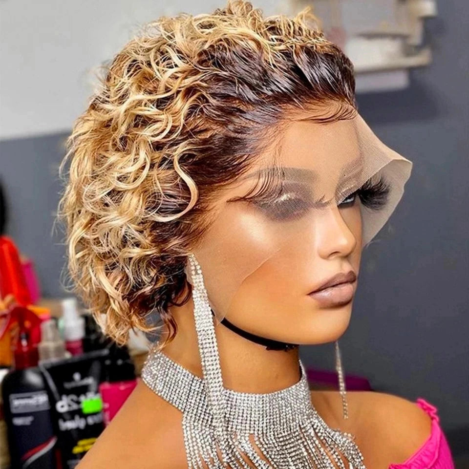 Pixie Cut Wig 99J Color Lace Wig Spring curl Short Bob Human Hair Wig