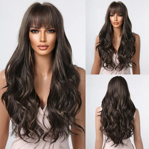 Brown Wavy Wigs for Women with Bangs Long Natural Synthetic Hair Wig