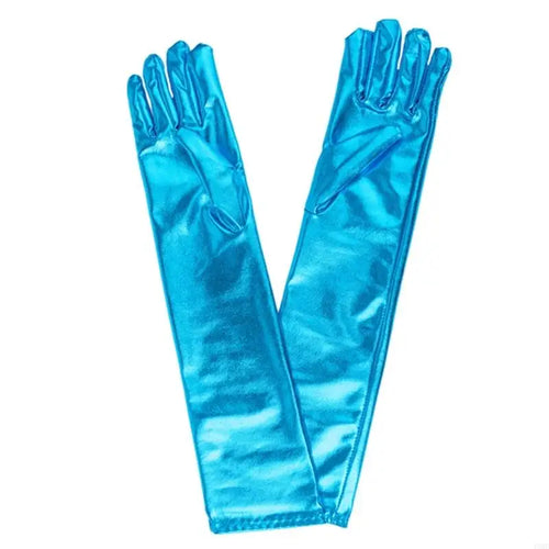 49MD Women Faux Leather Metallic Gloves Wetlook 17inch Elbow Length