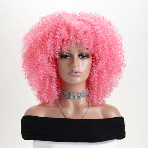 16 Inch Afro Kinky Curly Hair Wigs With Bangs Soft Fluffy Synthetic