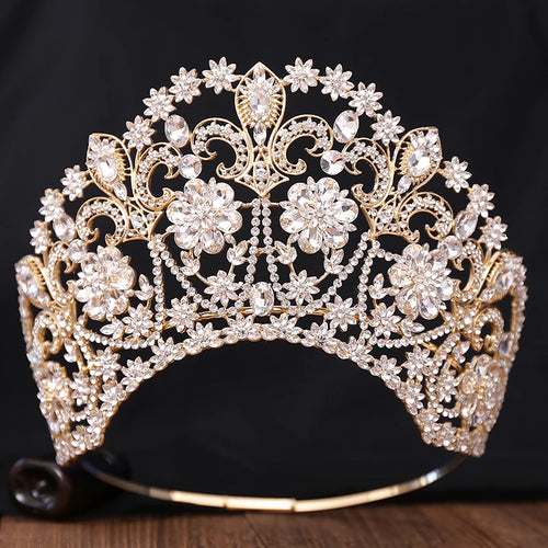 Baroque Round Blue Bridal Crown Pageant Miss Tiaras Flower Headdress