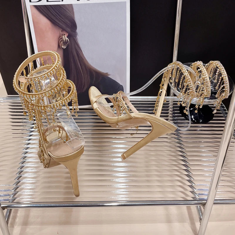 Eilyken Golden Crystal Rhinestone Women's Sandals Fashion String Bead