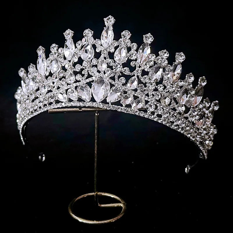 Silver Color Crystal Bridal Crown Royal Queen Tiara Rhinestone Pageant