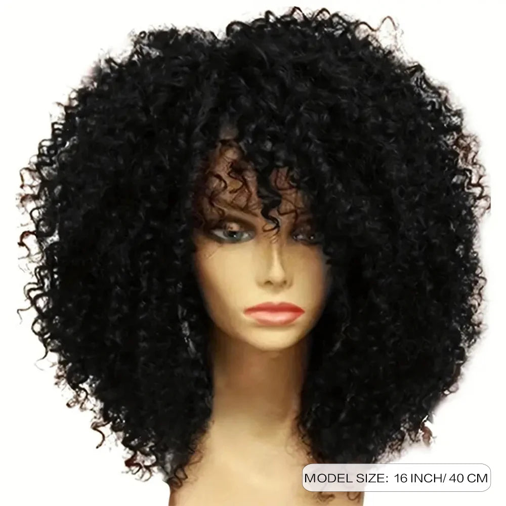 16 Inch Afro Kinky Curly Hair Wigs With Bangs Soft Fluffy Synthetic