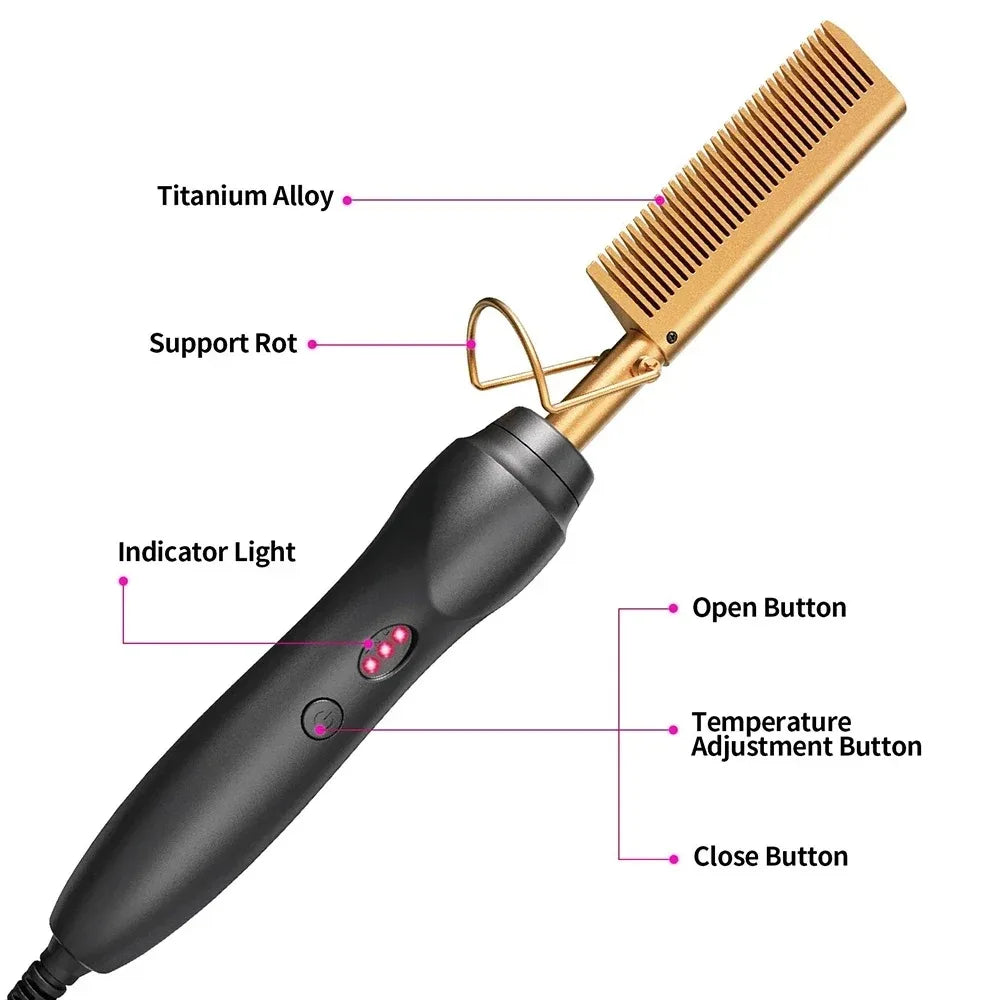 Ceramic Heating Hair Straightener Comb Ceramic Coating with 3 Heat Levels & Anti-Frizz for Natural Hair Beard Wigs and Curling