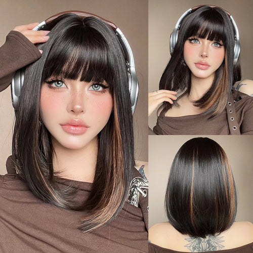Short Straight Bob Wigs with Bangs Black Brwon Highlight Wig Daily
