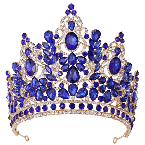 KMVEXO Statement Big Forest Blue Crystal Rhinestone Crown Wedding