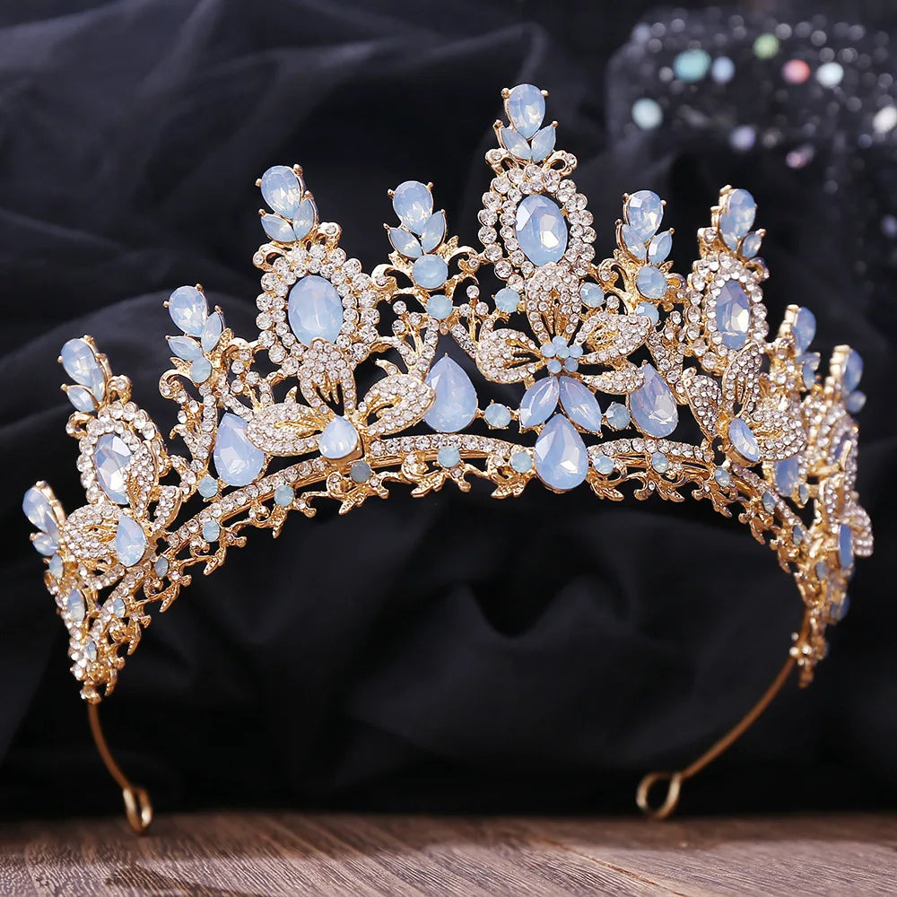 Silver Color Pink Opal Royal Queen Wedding Crown Rhinestone Crystal