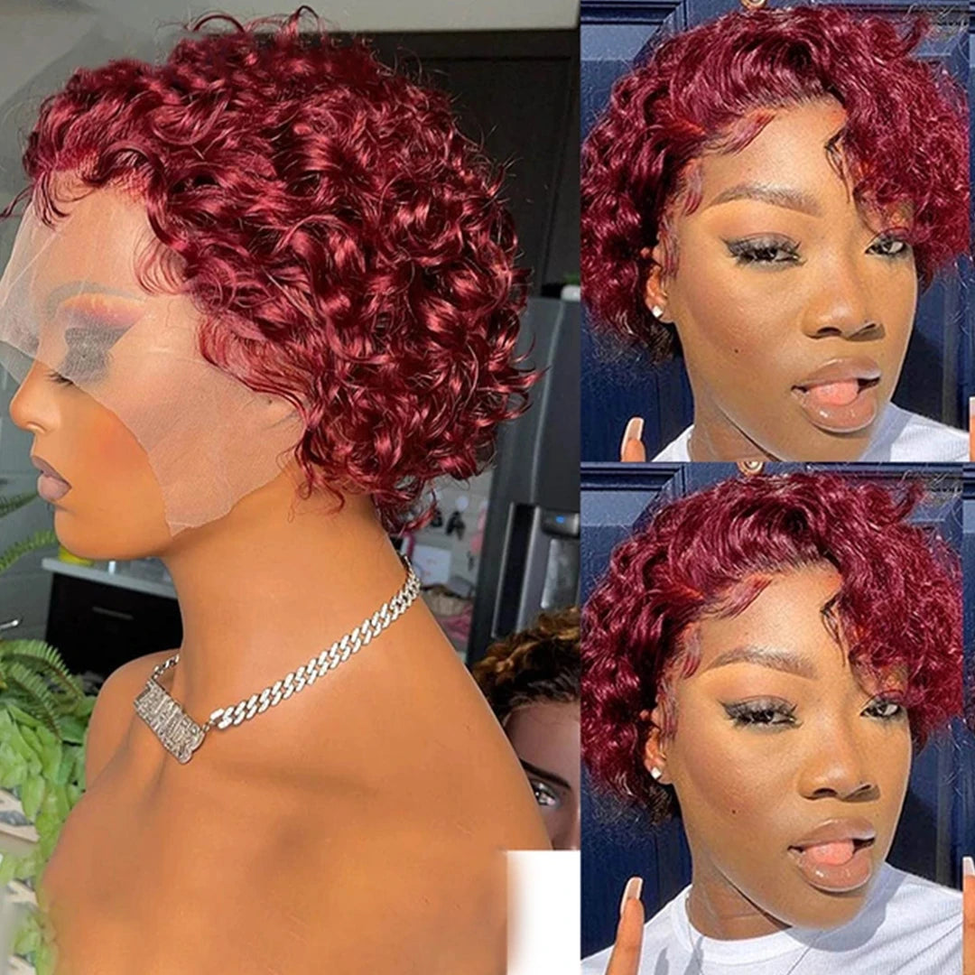 Pixie Cut Wig 99J Color Lace Wig Spring curl Short Bob Human Hair Wig