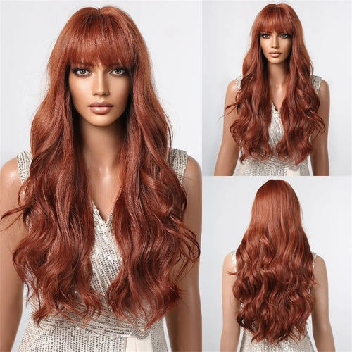 Brown Wavy Wigs for Women with Bangs Long Natural Synthetic Hair Wig