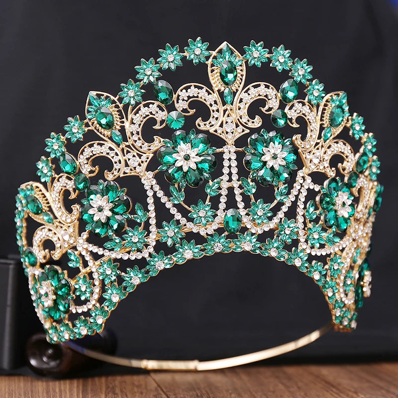 Baroque Round Blue Bridal Crown Pageant Miss Tiaras Flower Headdress