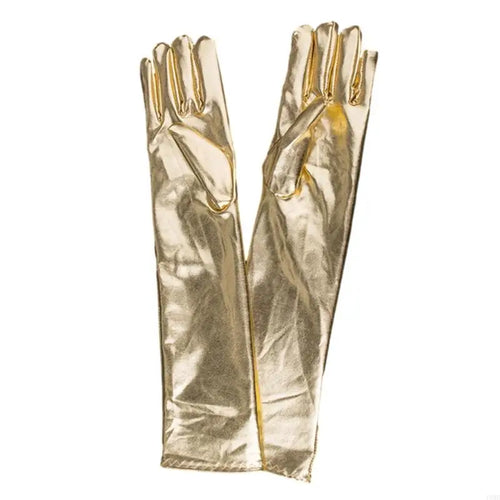 49MD Women Faux Leather Metallic Gloves Wetlook 17inch Elbow Length