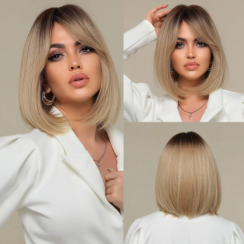 Short Straight Bob Wigs with Bangs Black Brwon Highlight Wig Daily